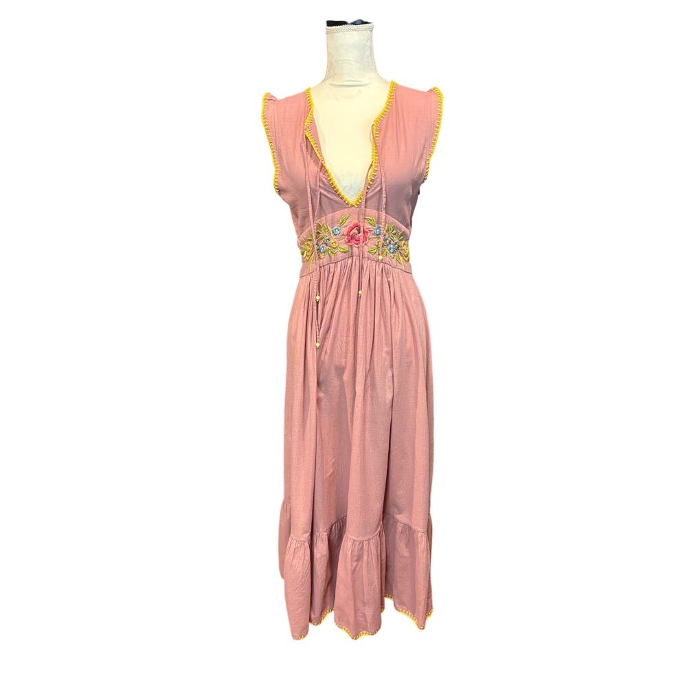 BNWT Chasing Unicorns Embroidered Boho Maxi Dress Dusty Rose